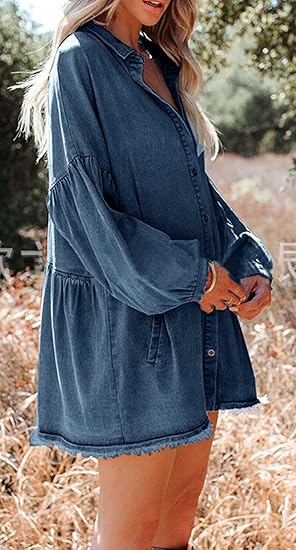 Women's Oversized Distressed Denim Button Down Shirt Flowy Tunic Dress with Pockets