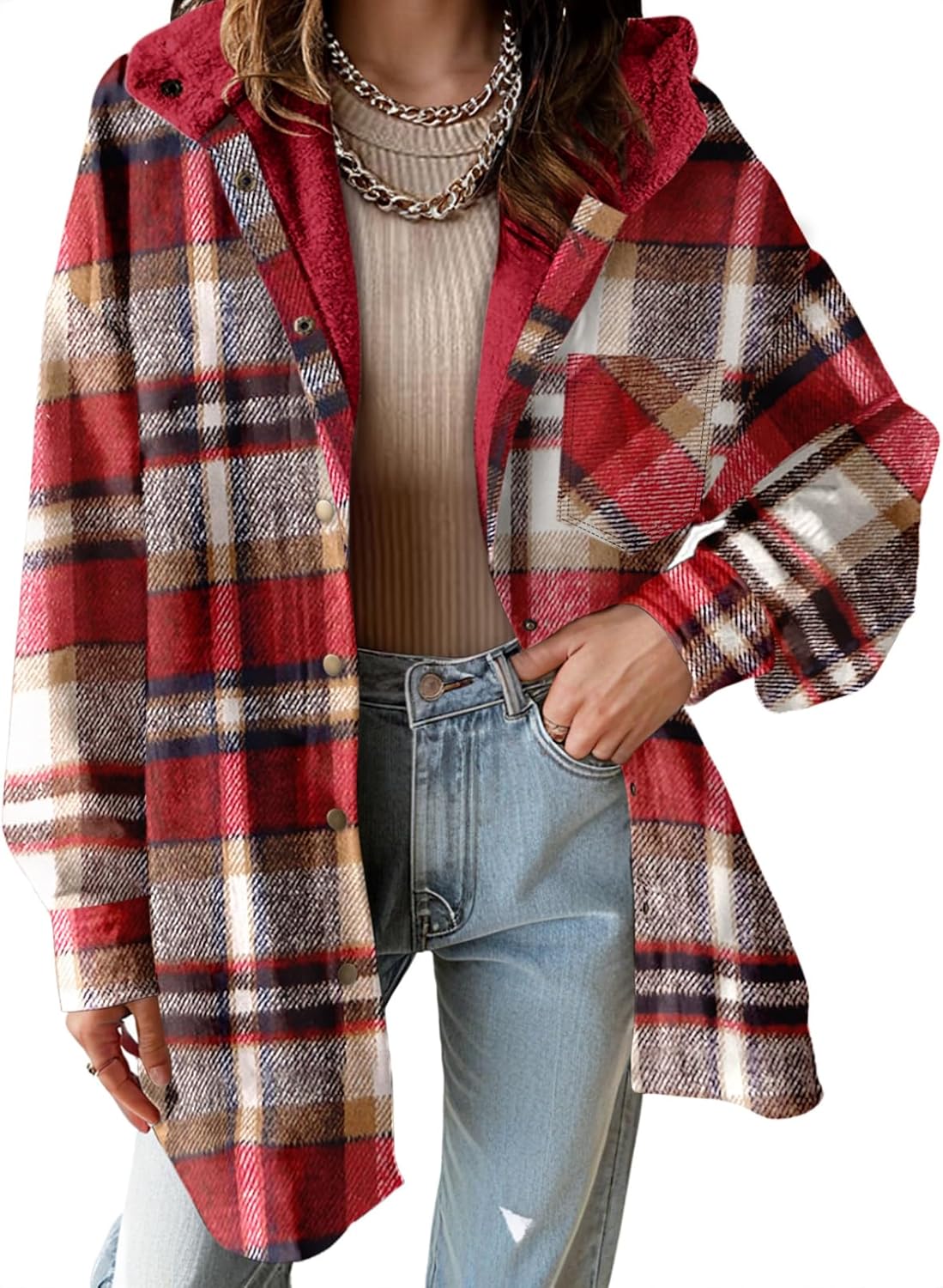 Women's Flannel Hooded Plaid Shacket Thick Coat Fuzzy Fleece Jacket
