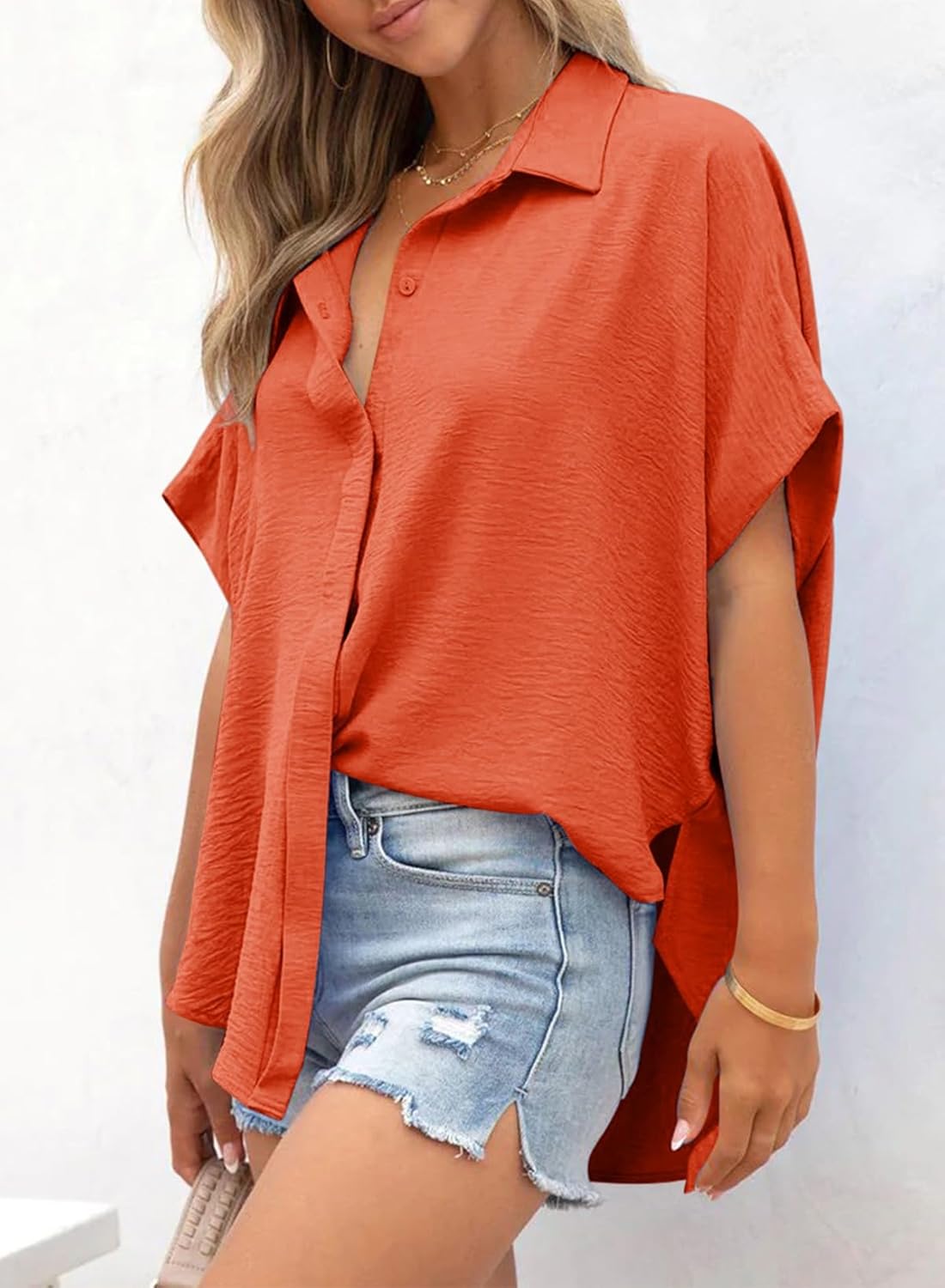 Limited time sale🔥Women's Casual Button Short Sleeve Slit Hem Shirt Solid Color Tops