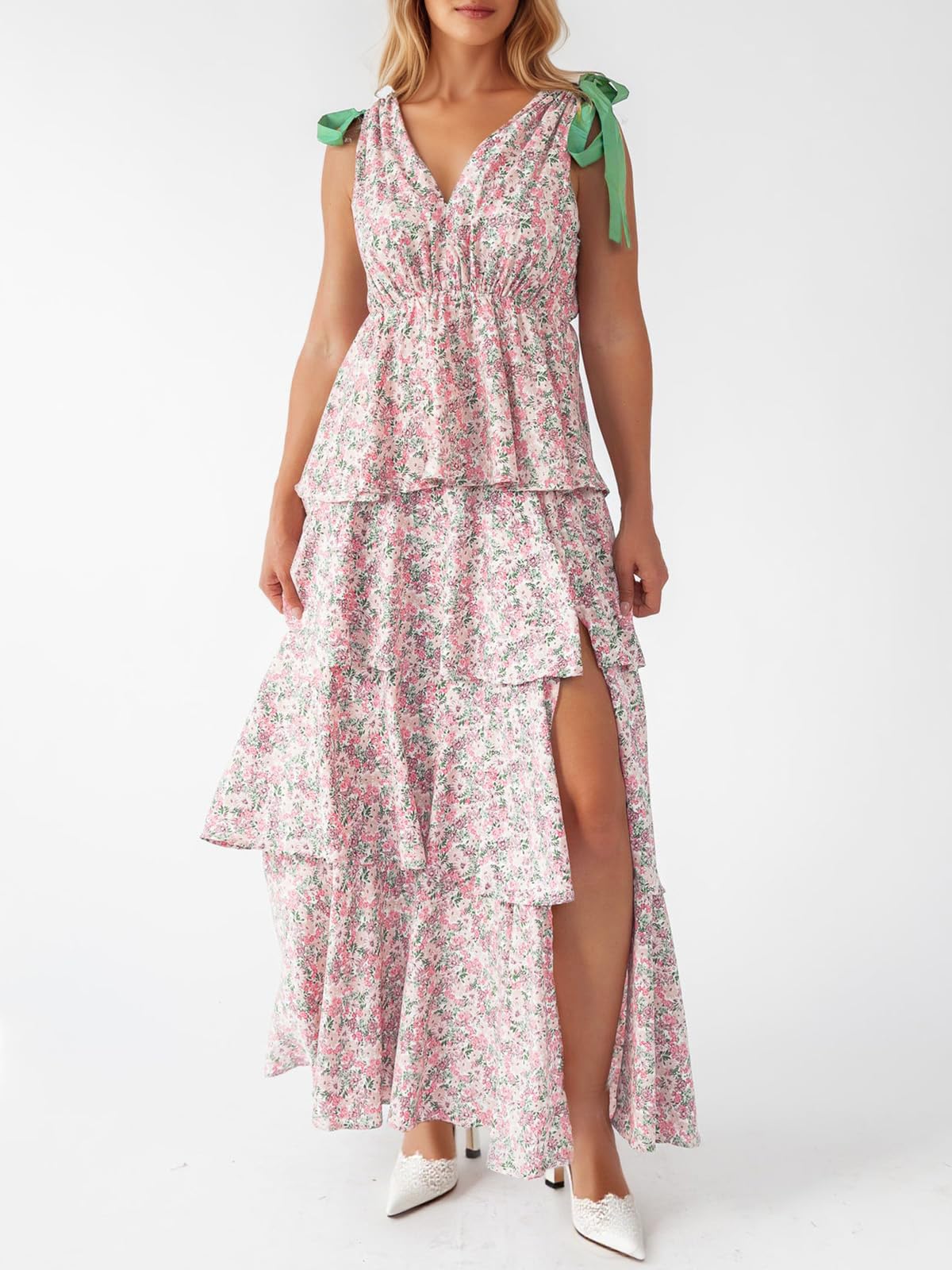 Women's Boho Floral Tie Strap V Neck Ruffle Tiered Maxi Dress