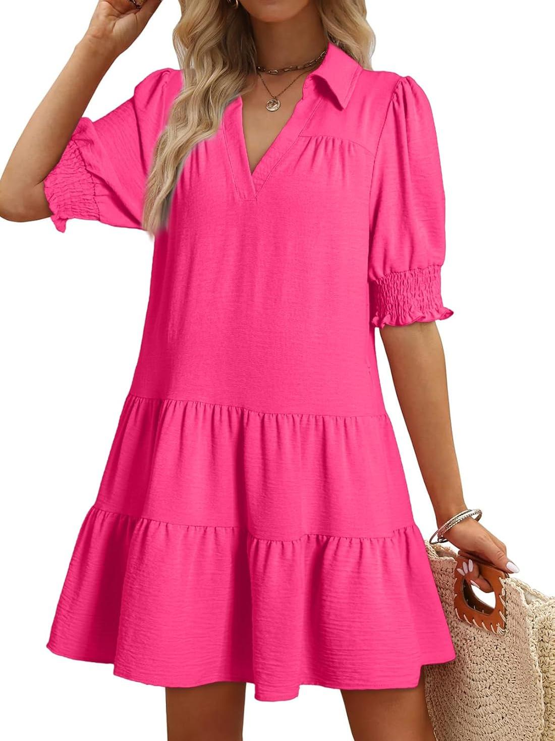 Limited time sale🔥Women's Smocked Sleeve Tiered V-Neck Mini Dress