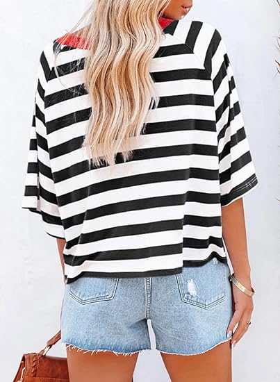 Limited time sale🔥Women's Cute Round Neck Striped Short Sleeve Casual Top