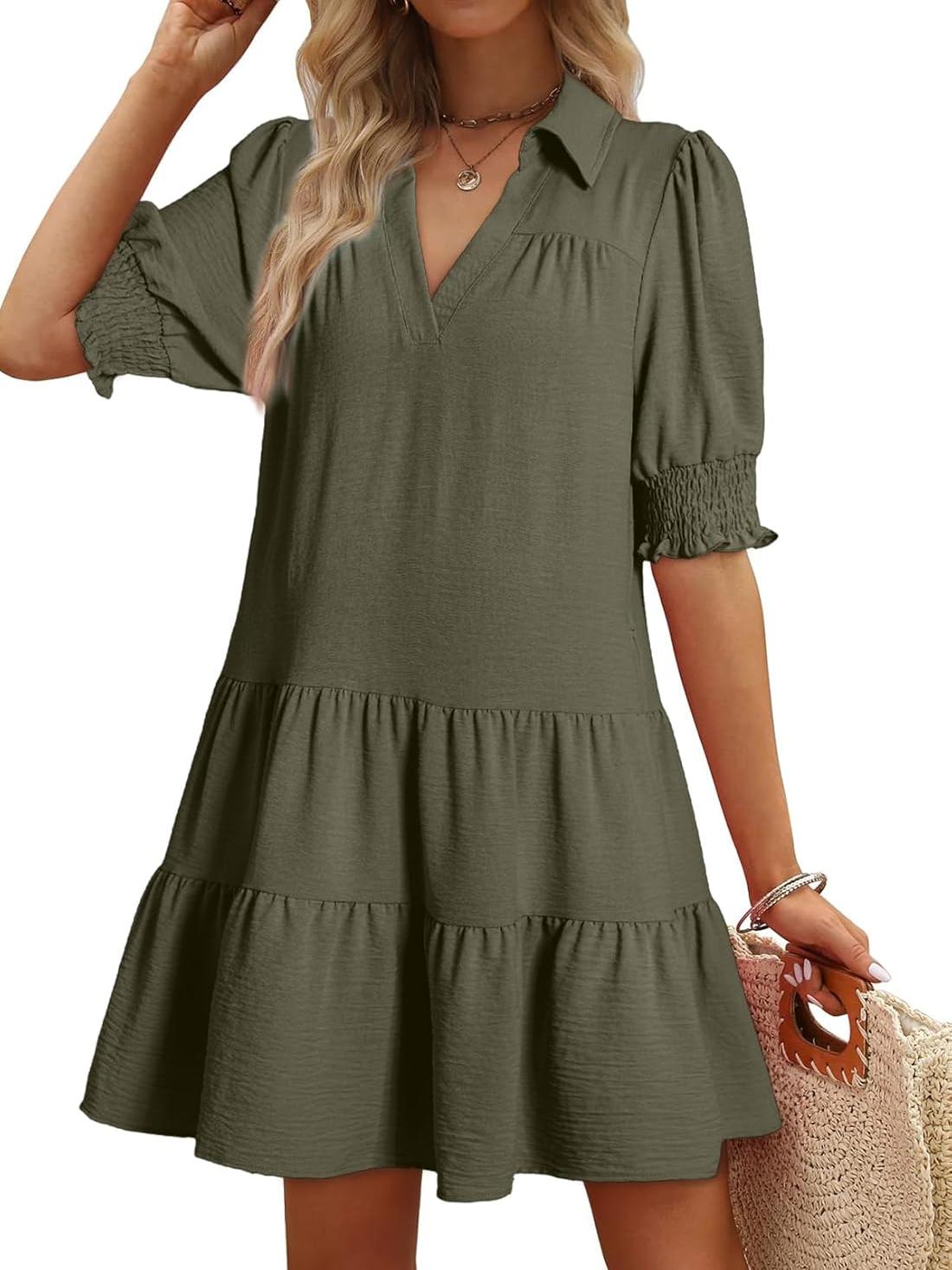 Limited time sale🔥Women's Smocked Sleeve Tiered V-Neck Mini Dress