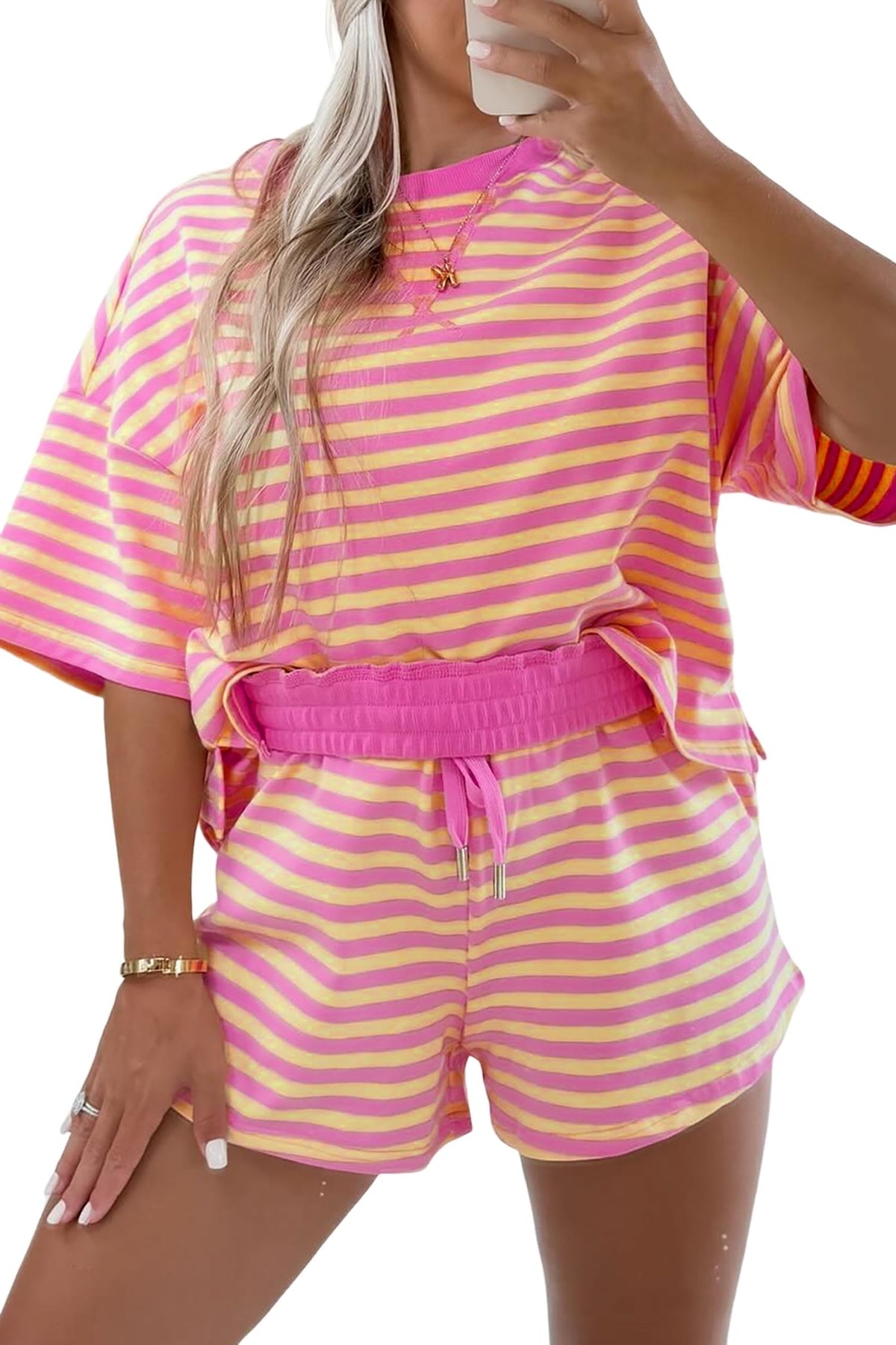 Limited time sale🔥Women's Stripe Drop Shoulder Boxy Casual Terry Short Set