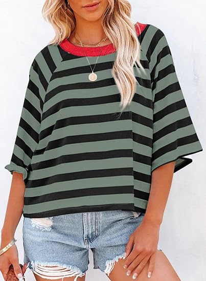 Limited time sale🔥Women's Cute Round Neck Striped Short Sleeve Casual Top