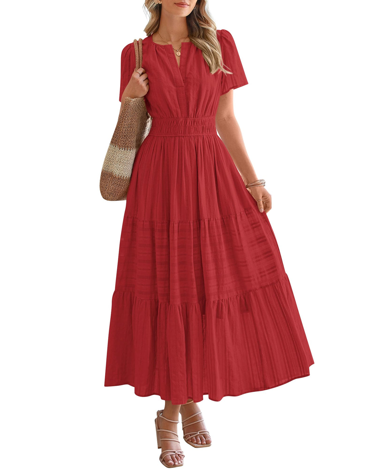 Women's Lightweight Short Sleeve V Neck Elastic Waist Dresses