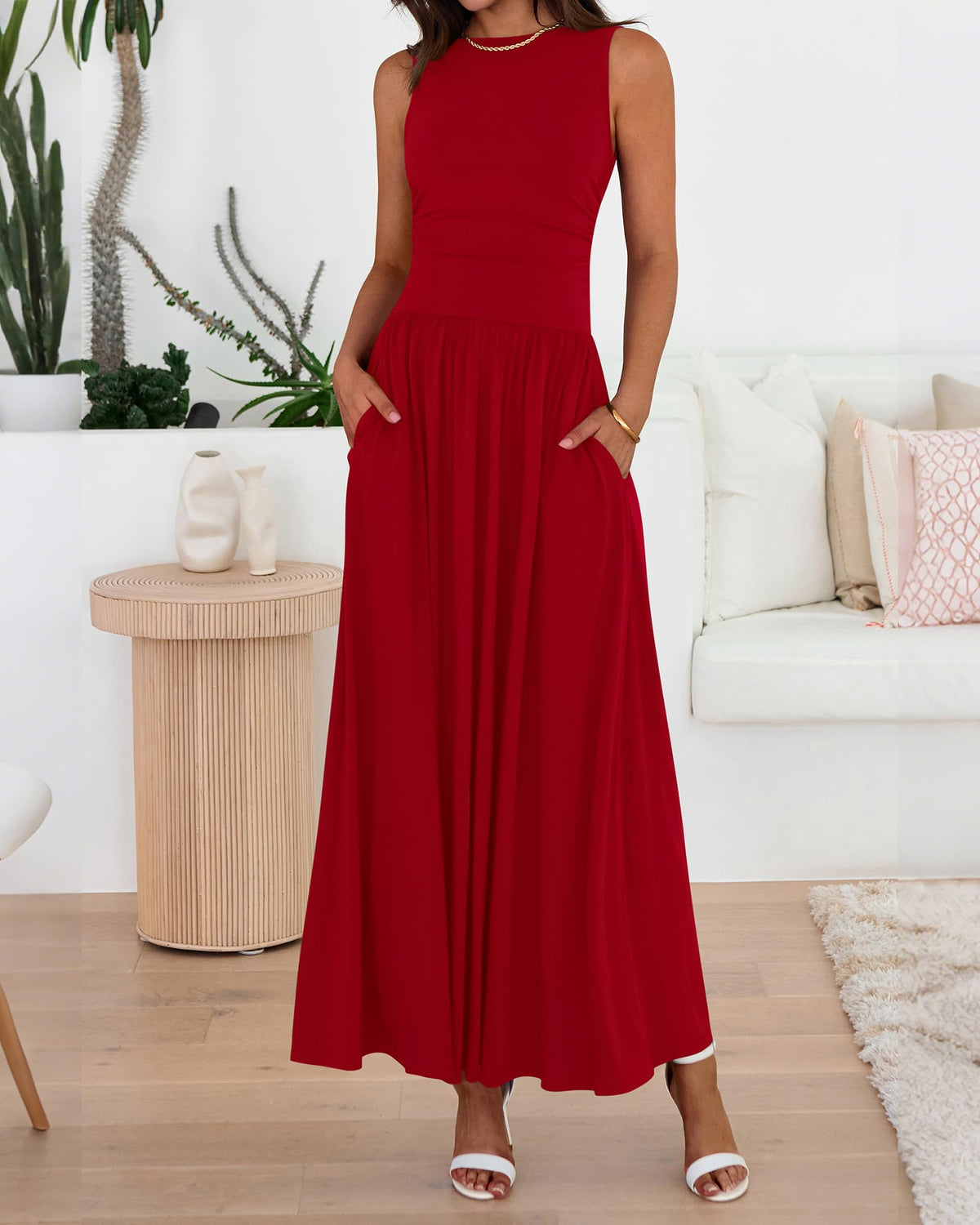 Limited time sale🔥Women's Solid Color Sleeveless Waist Pleated Design Dress with Pockets