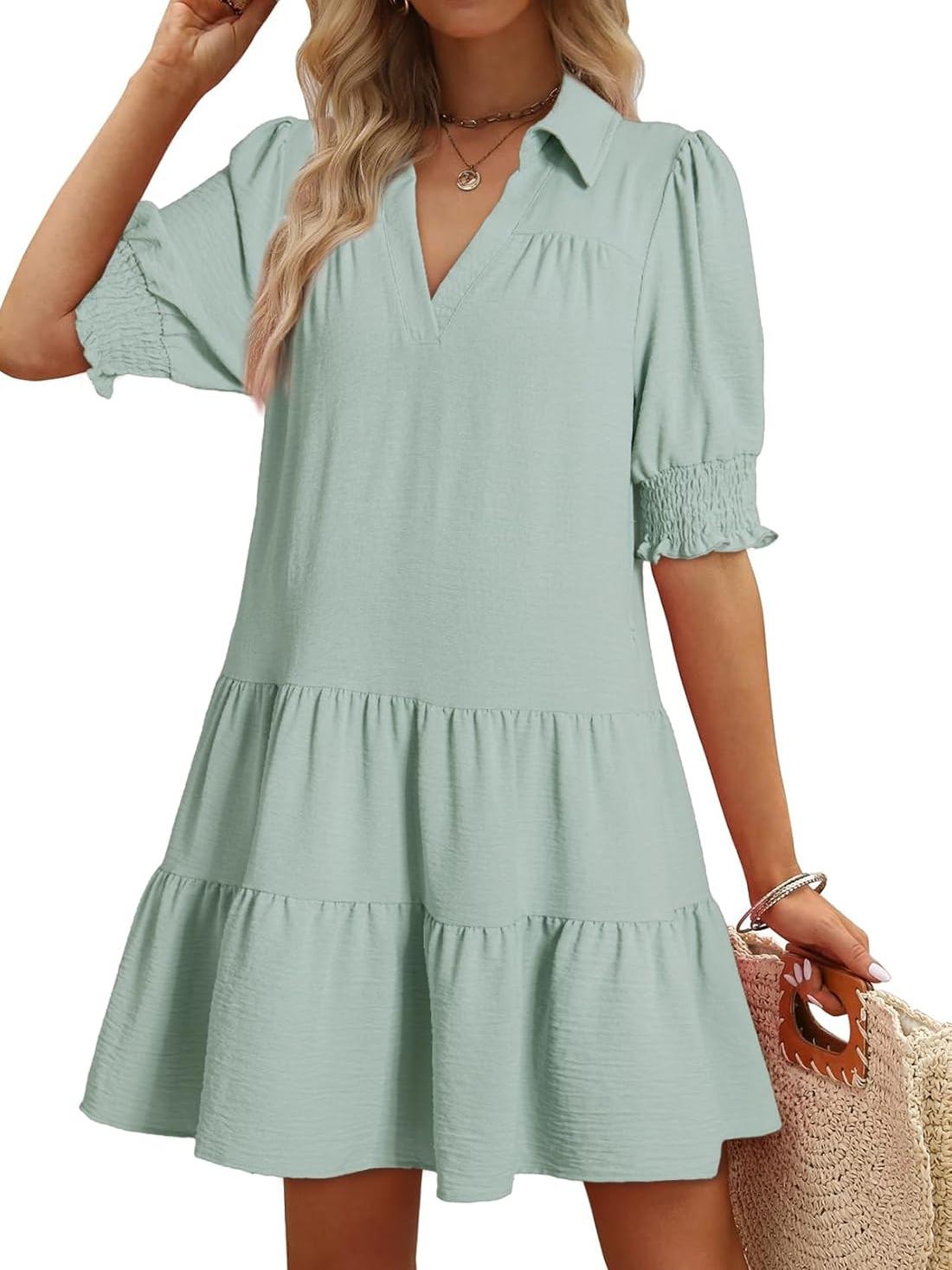 Limited time sale🔥Women's Smocked Sleeve Tiered V-Neck Mini Dress