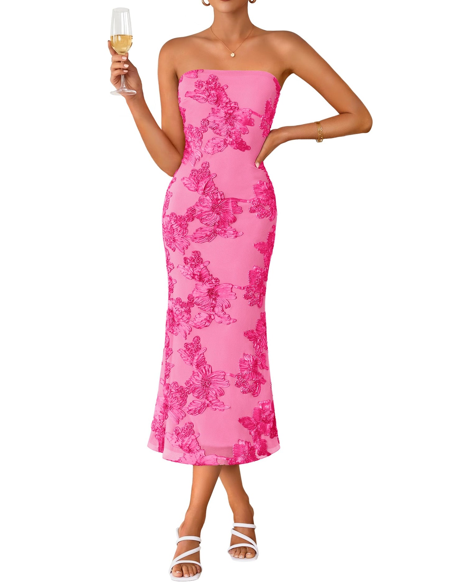 Women's Summer Strapless Floral Midi Dress 2026 Bodycon Mesh Tube Wedding Guest Cocktail Party Long Dresses
