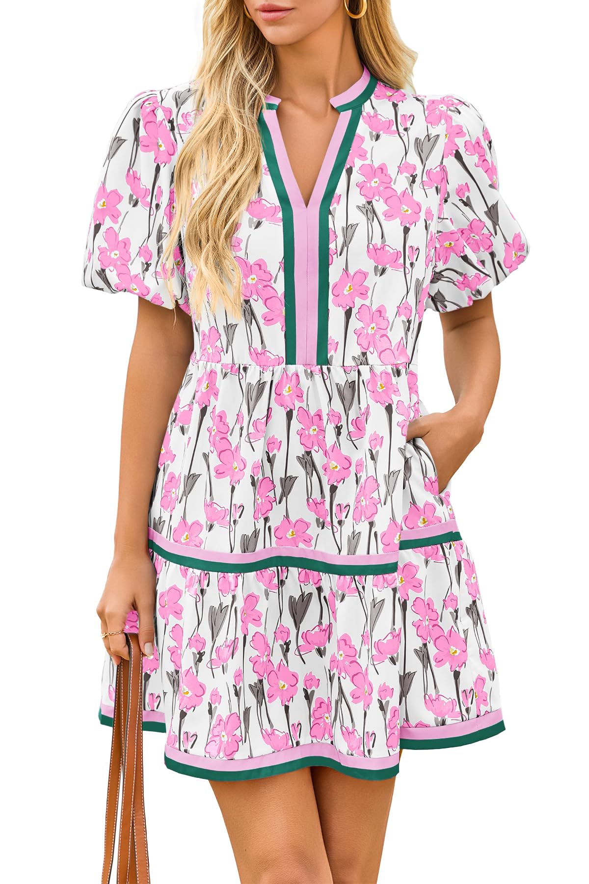 Limited time sale🔥Womens V Neck Floral Mini Dress Short Puff Sleeve Patchwork
