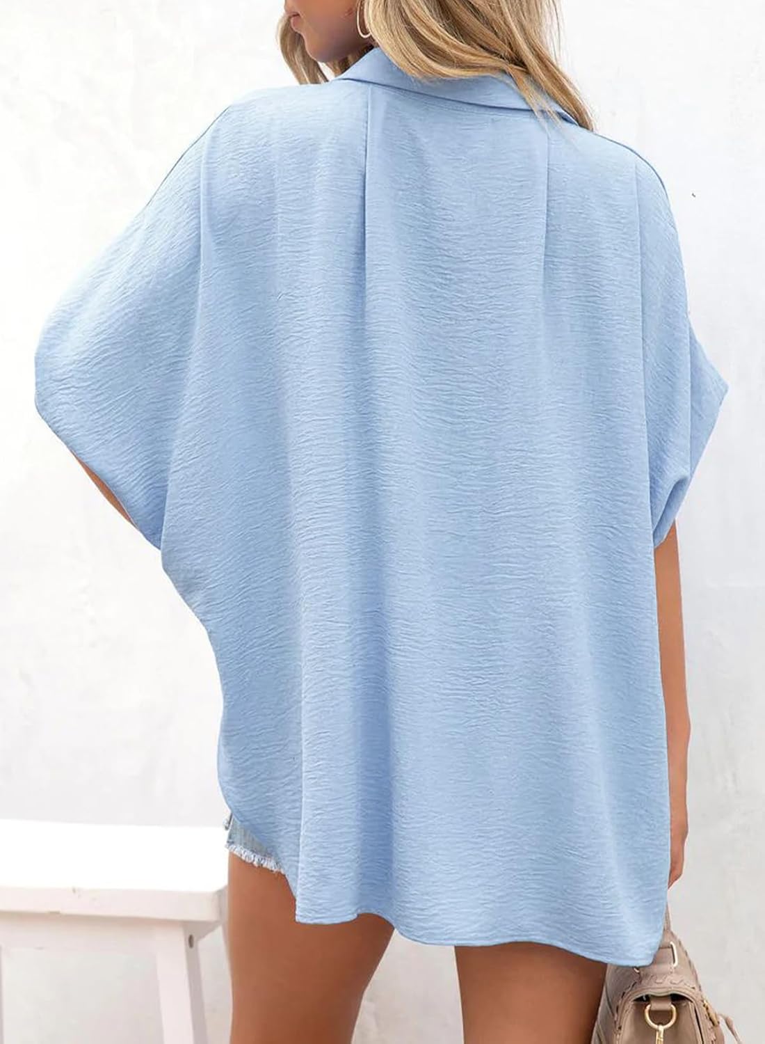 Limited time sale🔥Women's Casual Button Short Sleeve Slit Hem Shirt Solid Color Tops