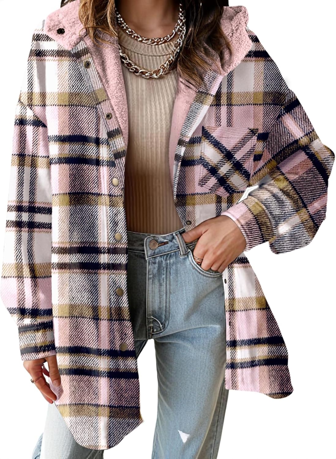Women's Flannel Hooded Plaid Shacket Thick Coat Fuzzy Fleece Jacket
