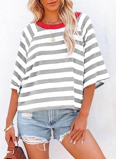 Limited time sale🔥Women's Cute Round Neck Striped Short Sleeve Casual Top