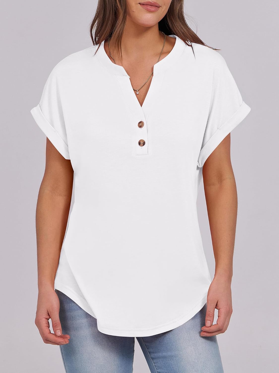 Limited time sale🔥Women's V Neck Button Casual Loose Fit Short Sleeve Henley Tops