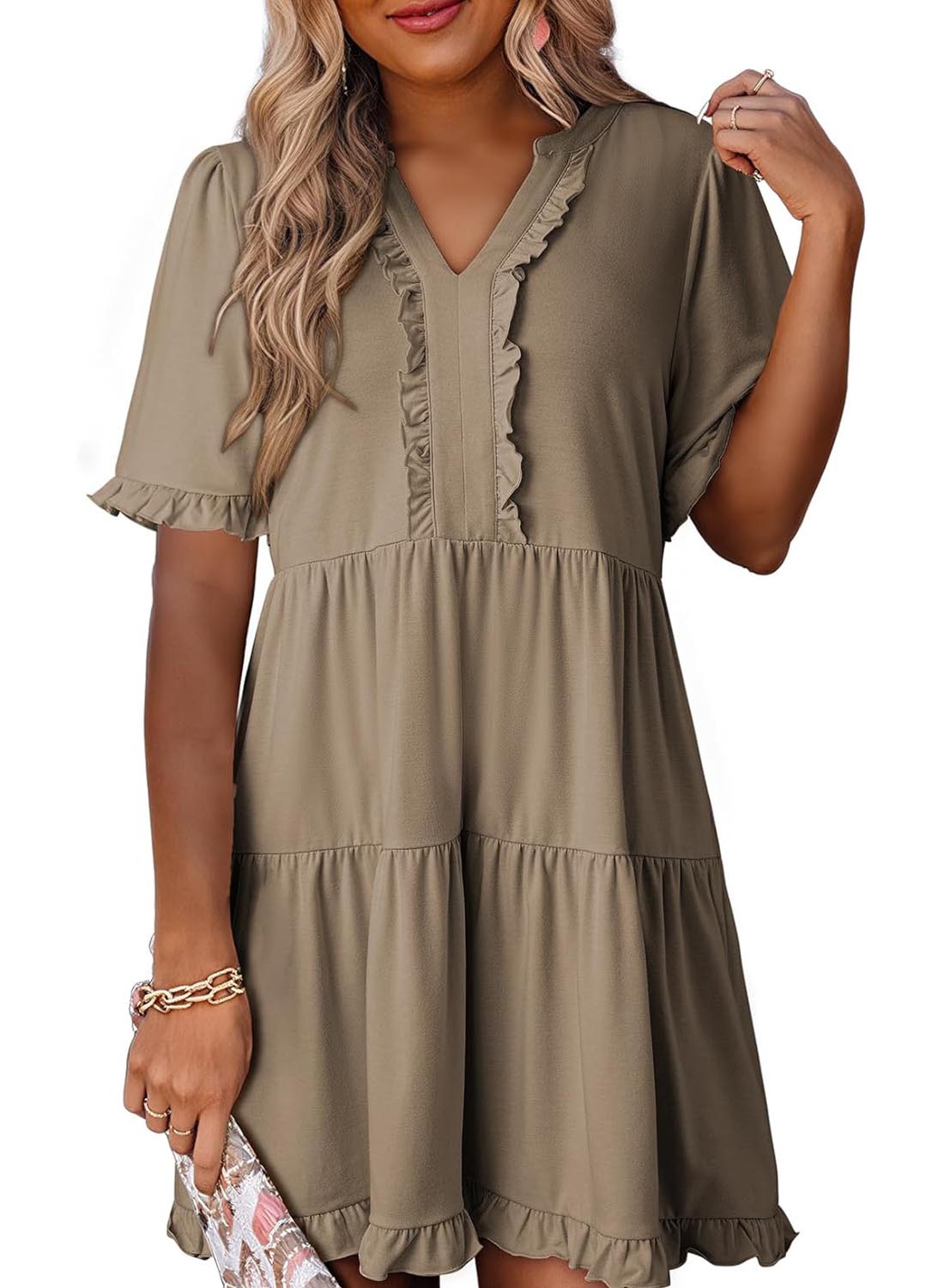Limited time sale🔥Womens V Neck Casual A Line Flowy Swing Shift Dress