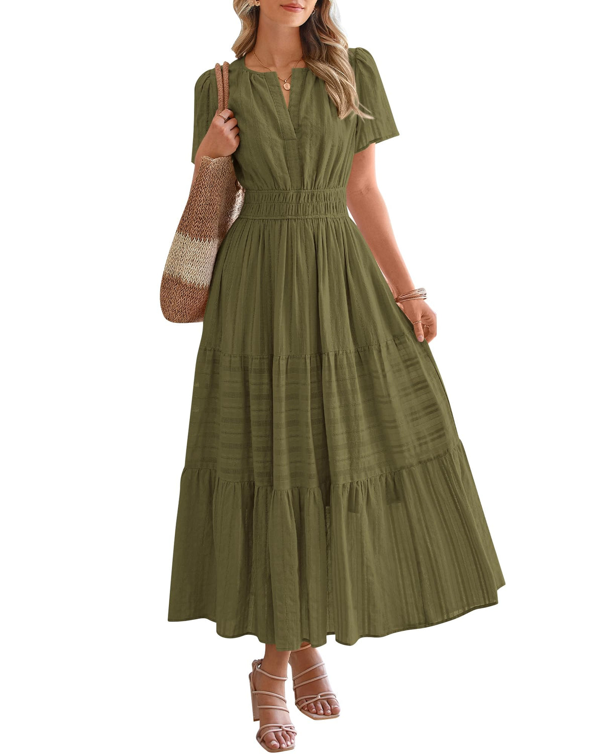 Women's Lightweight Short Sleeve V Neck Elastic Waist Dresses