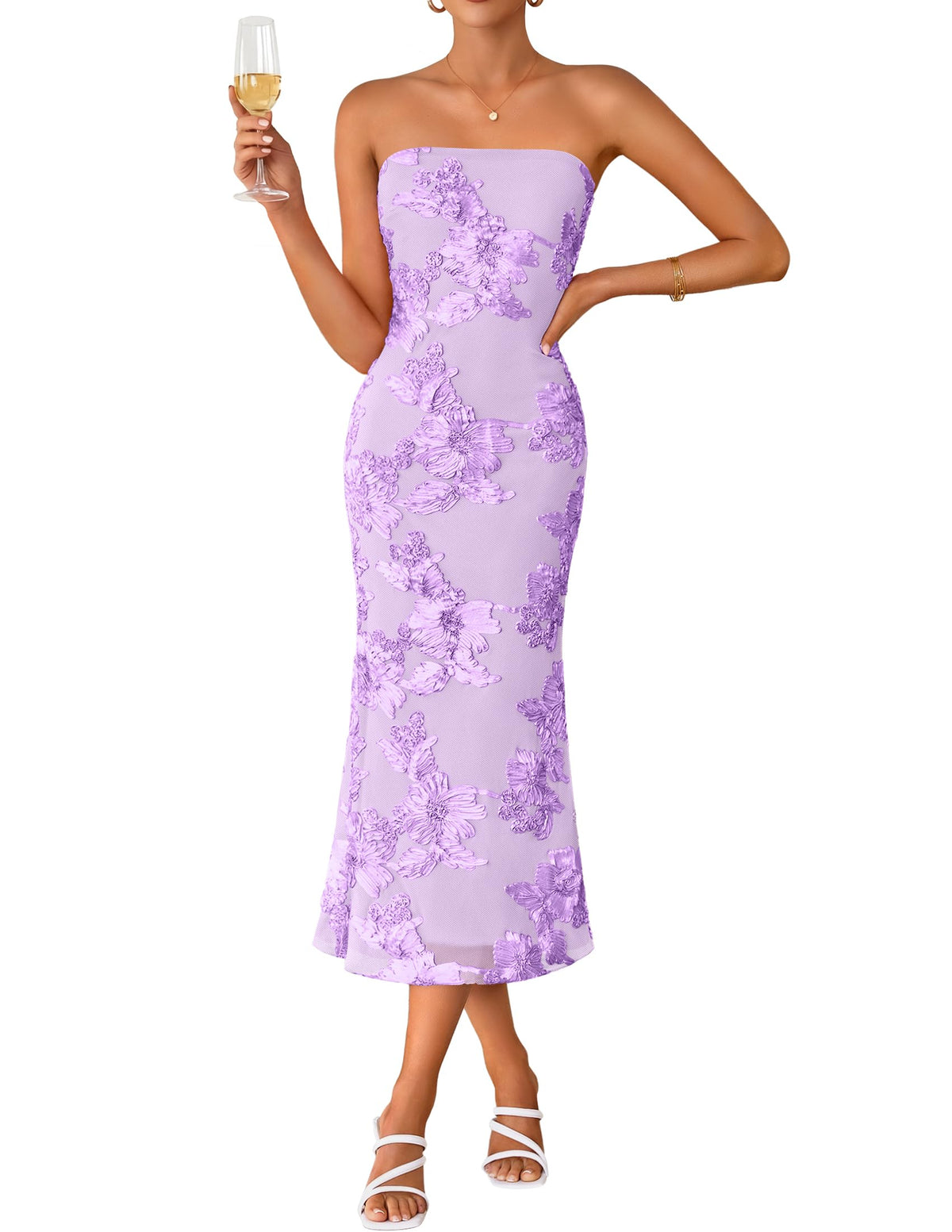 Women's Summer Strapless Floral Midi Dress 2026 Bodycon Mesh Tube Wedding Guest Cocktail Party Long Dresses