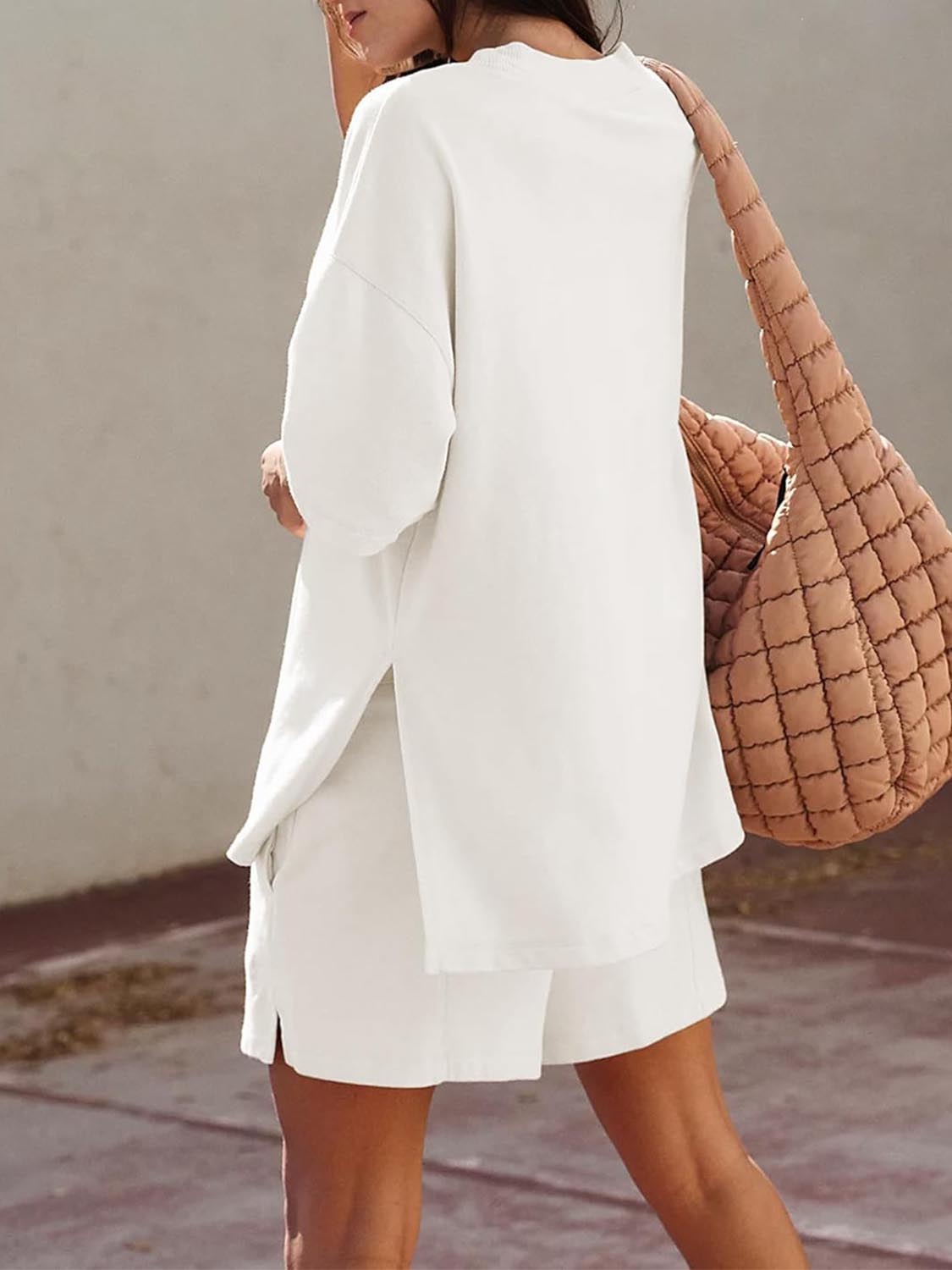 Women's Casual Solid Color Suit with Slit Top and Shorts