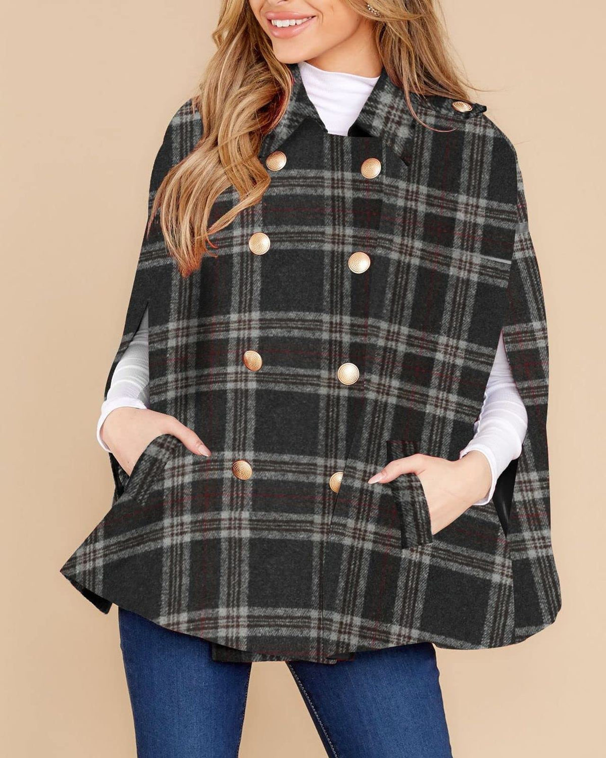 Women's Plaid Double Breasted Winter Cape Turn Down Poncho Coats