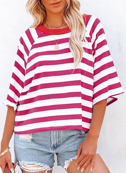 Limited time sale🔥Women's Cute Round Neck Striped Short Sleeve Casual Top