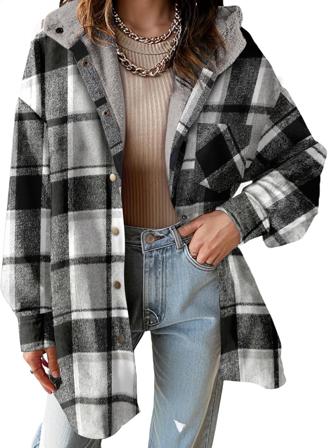 Women's Flannel Hooded Plaid Shacket Thick Coat Fuzzy Fleece Jacket