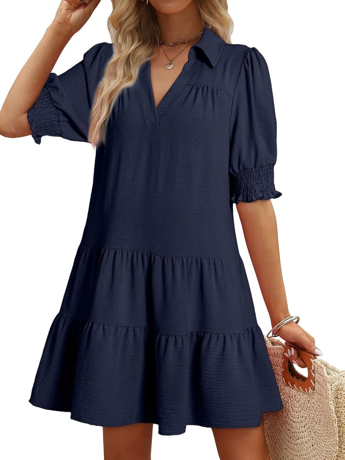 Limited time sale🔥Women's Smocked Sleeve Tiered V-Neck Mini Dress