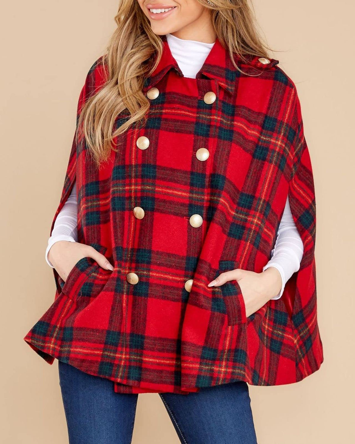 Women's Plaid Double Breasted Winter Cape Turn Down Poncho Coats