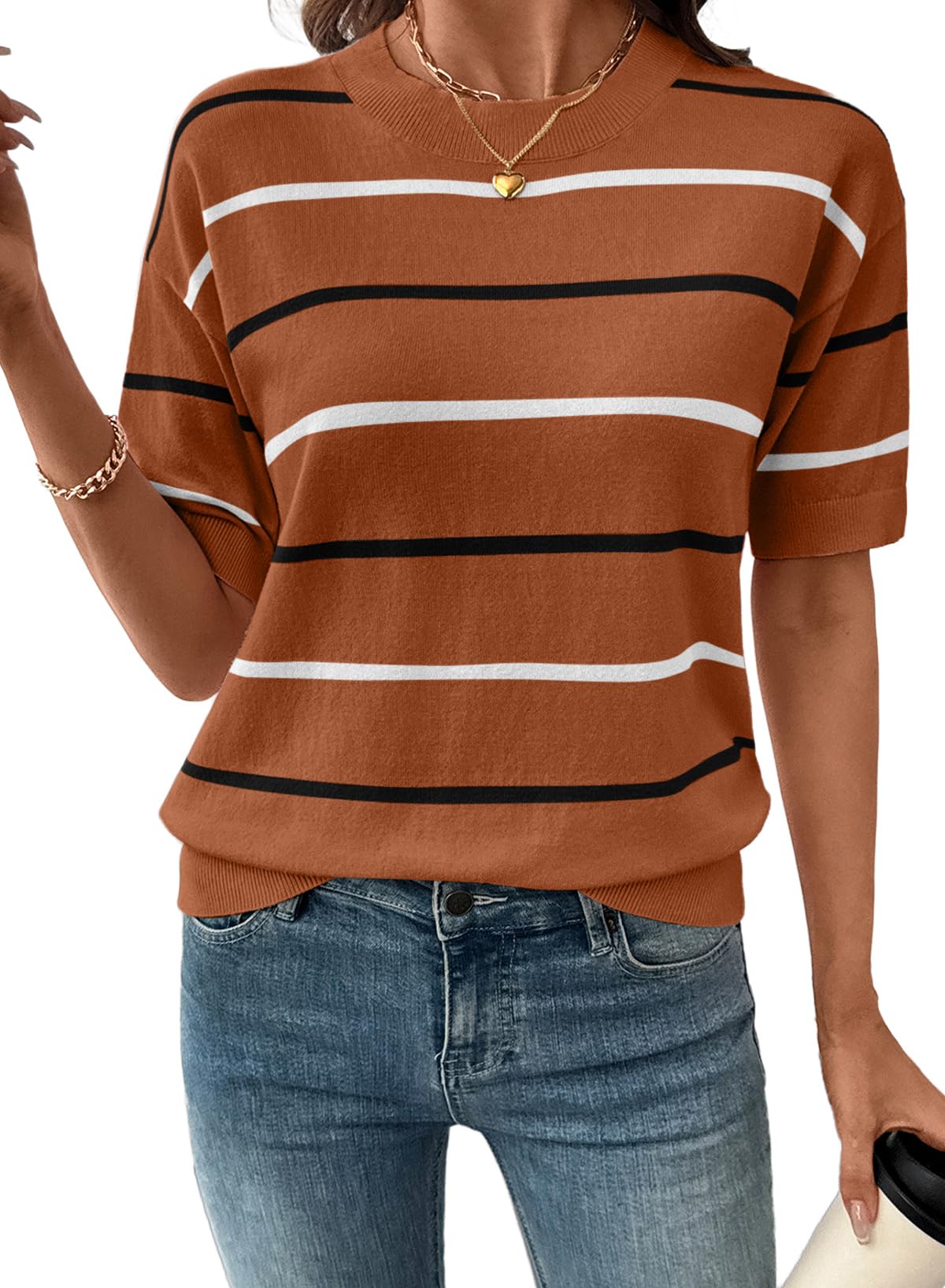 Limited time sale🔥Womens Tops Crewneck Short Sleeve Sweater Pullover Knit Striped Shirt