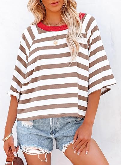 Limited time sale🔥Women's Cute Round Neck Striped Short Sleeve Casual Top