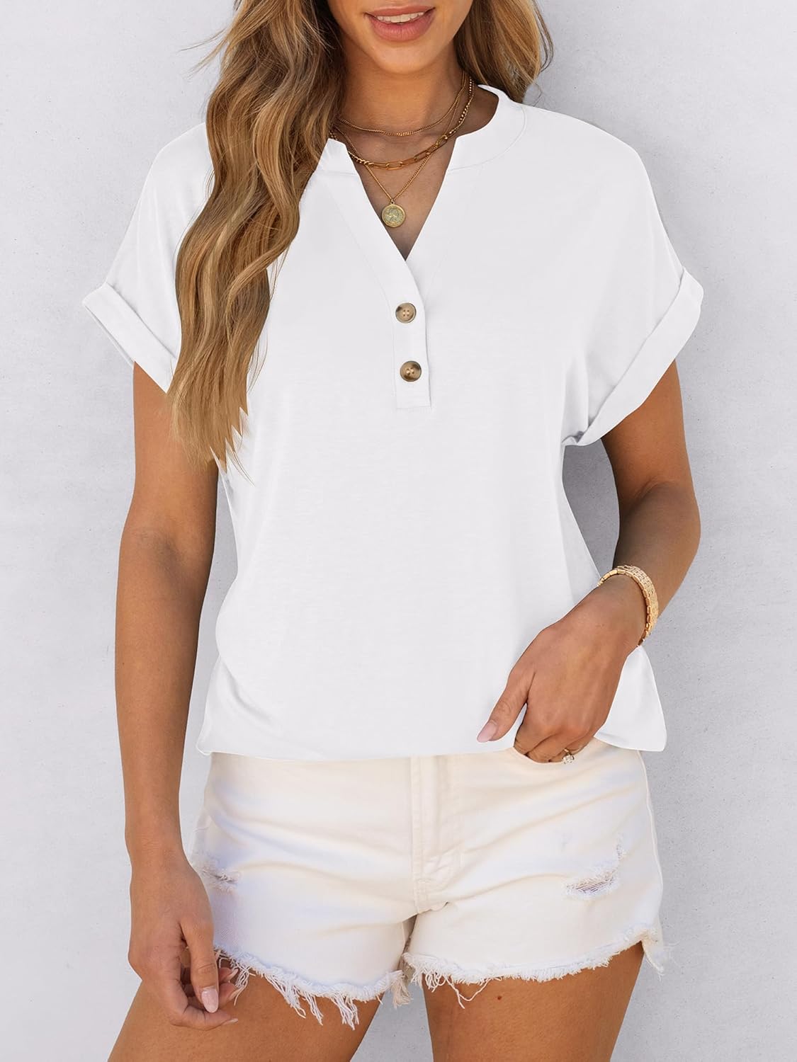 Limited time sale🔥Women's V Neck Button Casual Loose Fit Short Sleeve Henley Tops