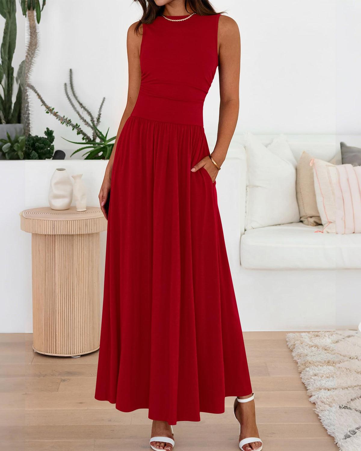 Limited time sale🔥Women's Solid Color Sleeveless Waist Pleated Design Dress with Pockets