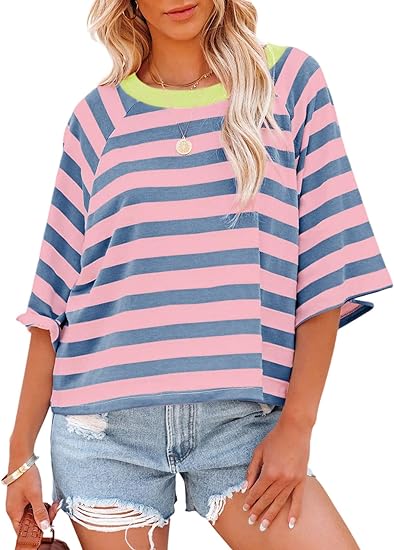 Limited time sale🔥Women's Cute Round Neck Striped Short Sleeve Casual Top