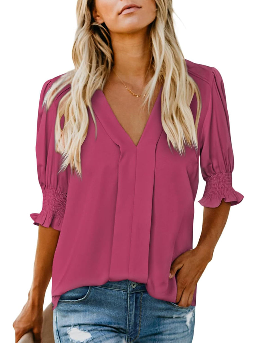 Limited time sale🔥Women's V Neck Dressy Puff Ruffle Blouse Casual Short Sleeve Tops