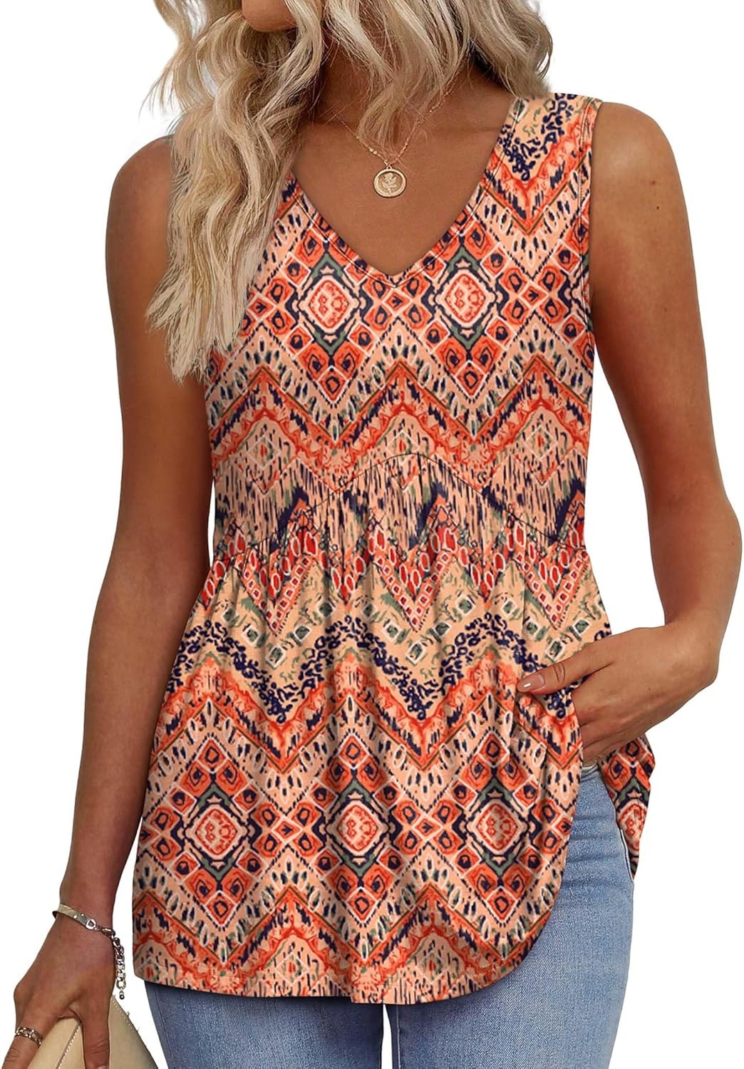 Limited time sale🔥Women's Print Flowy Sleeveless V Neck Peplum Tank Tops