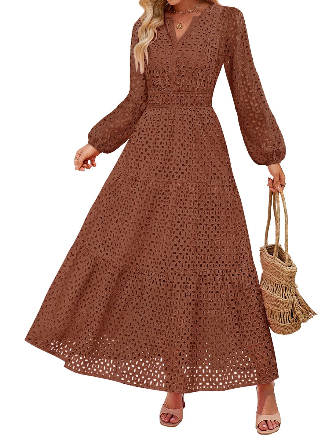 Women's 2026 V Neck Hollow Out Eyelet A Line Long Flowy Dresses
