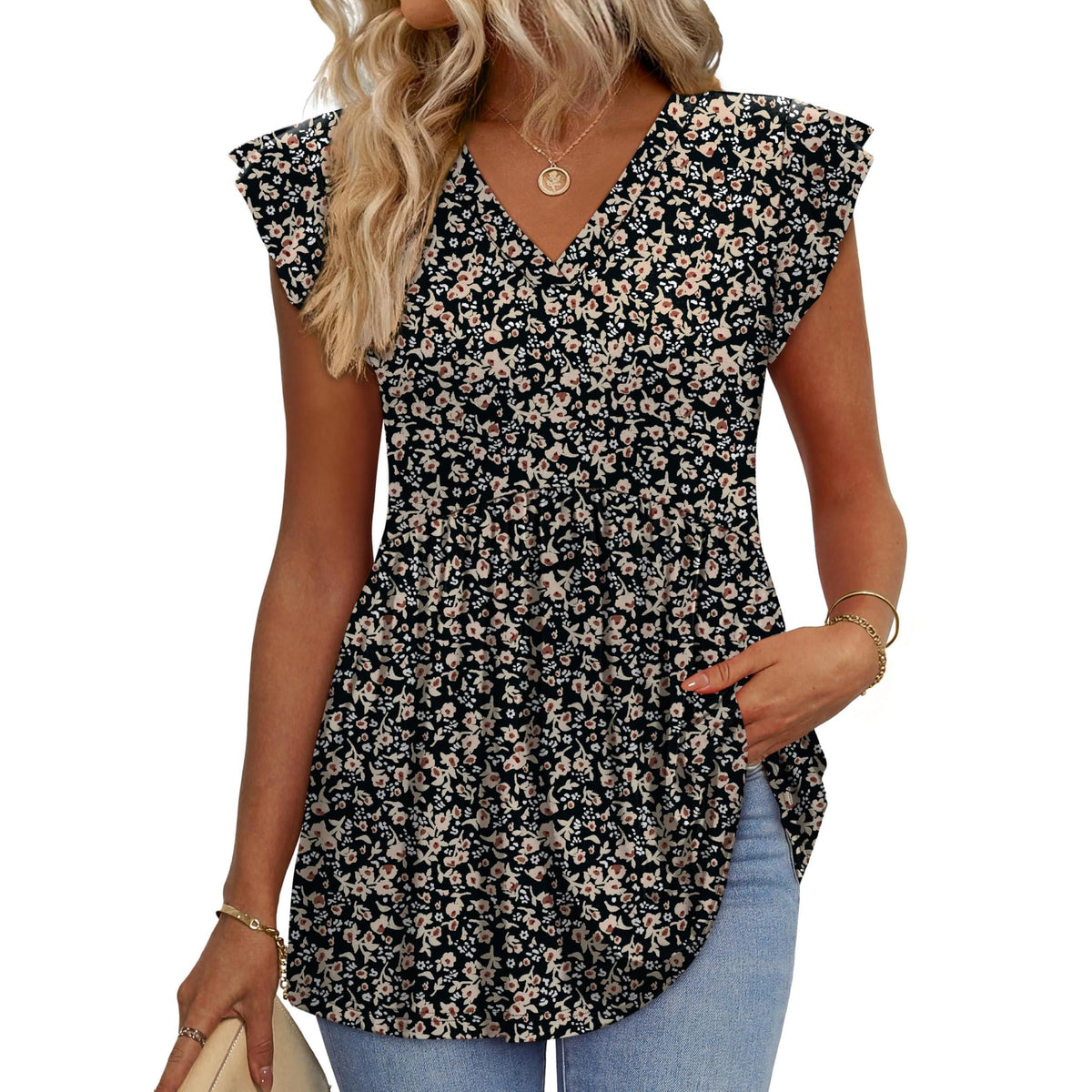 Women's Floral V-Neck Ruffle Sleeve Babydoll Blouse