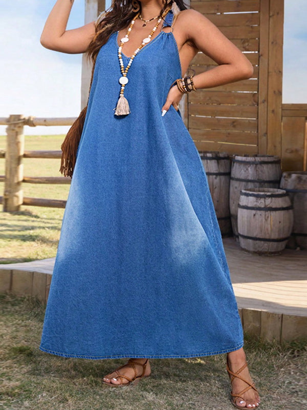 Retro Denim Adjustable Suspender Dress Oversized Maxi Skirt