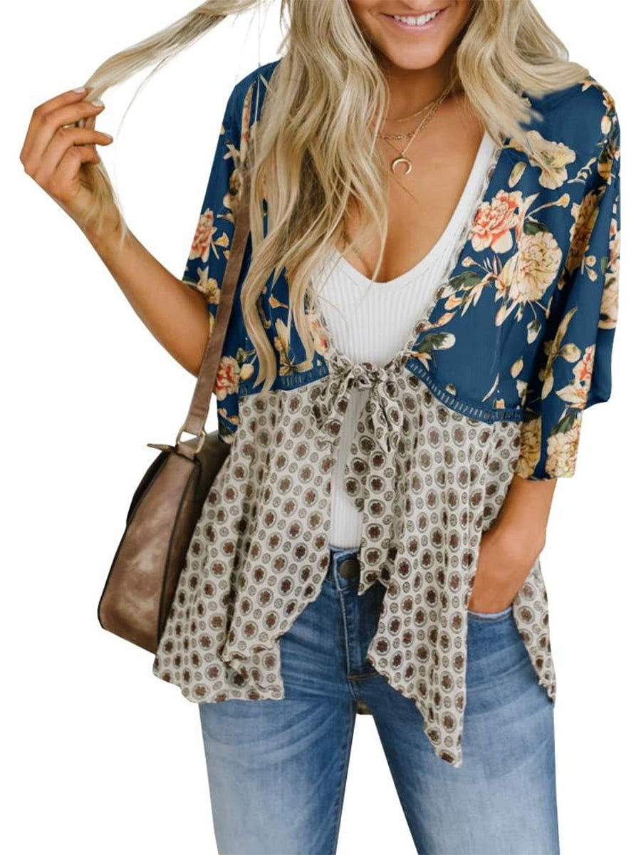 Women's Floral Kimono Ruffle Sleeve Tie Cardigans Flowy Boho Loose Cover Ups