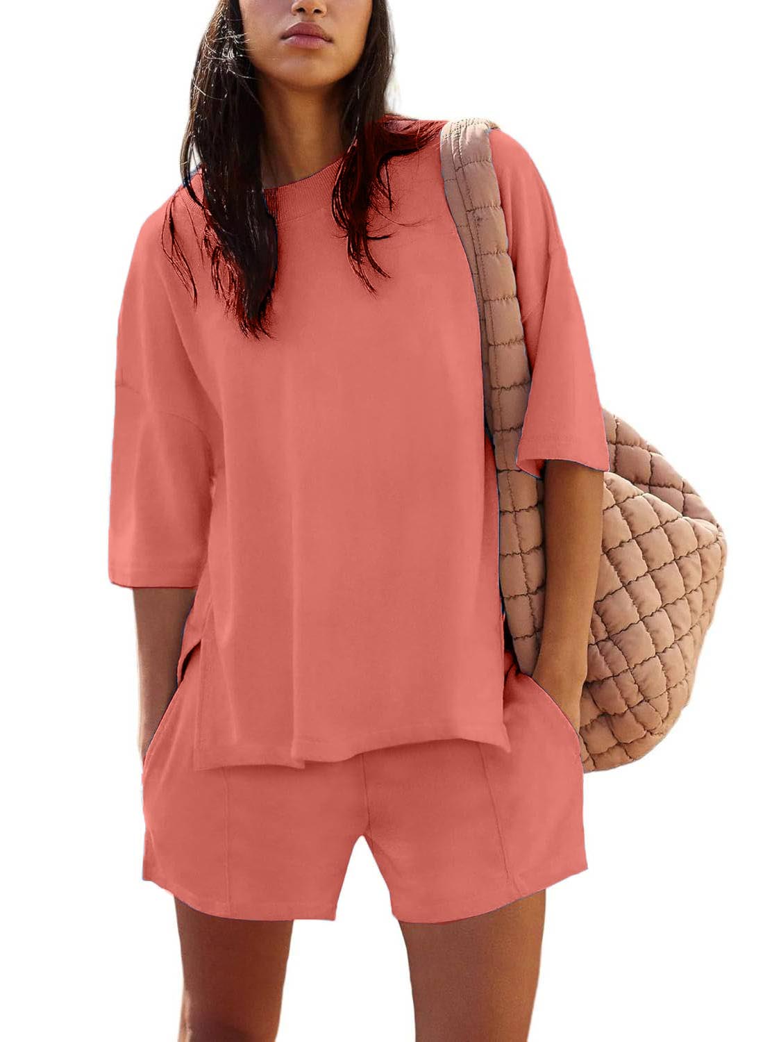 Women's Casual Solid Color Suit with Slit Top and Shorts