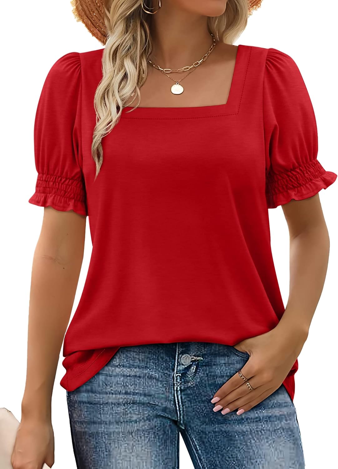 Limited time sale🔥Women's Square Neck Smocked Sleeve T-Shirt Casual Top