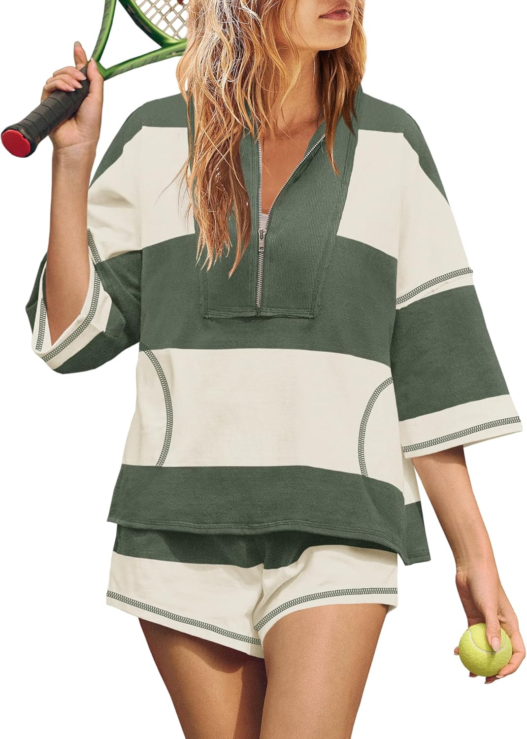 Limited time sale🔥Women's Quarter Zip Color Block Top & Shorts Matching Set
