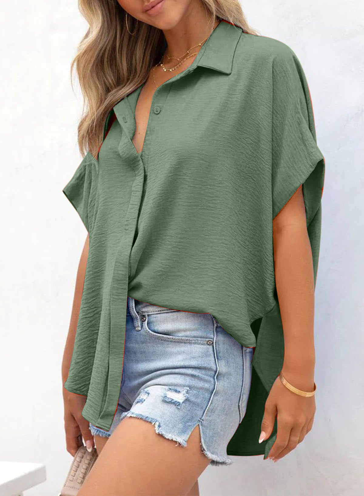 Limited time sale🔥Women's Casual Button Short Sleeve Slit Hem Shirt Solid Color Tops