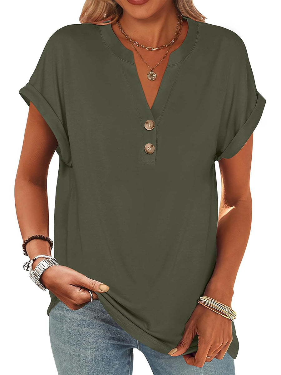 Limited time sale🔥Women's V Neck Button Casual Loose Fit Short Sleeve Henley Tops
