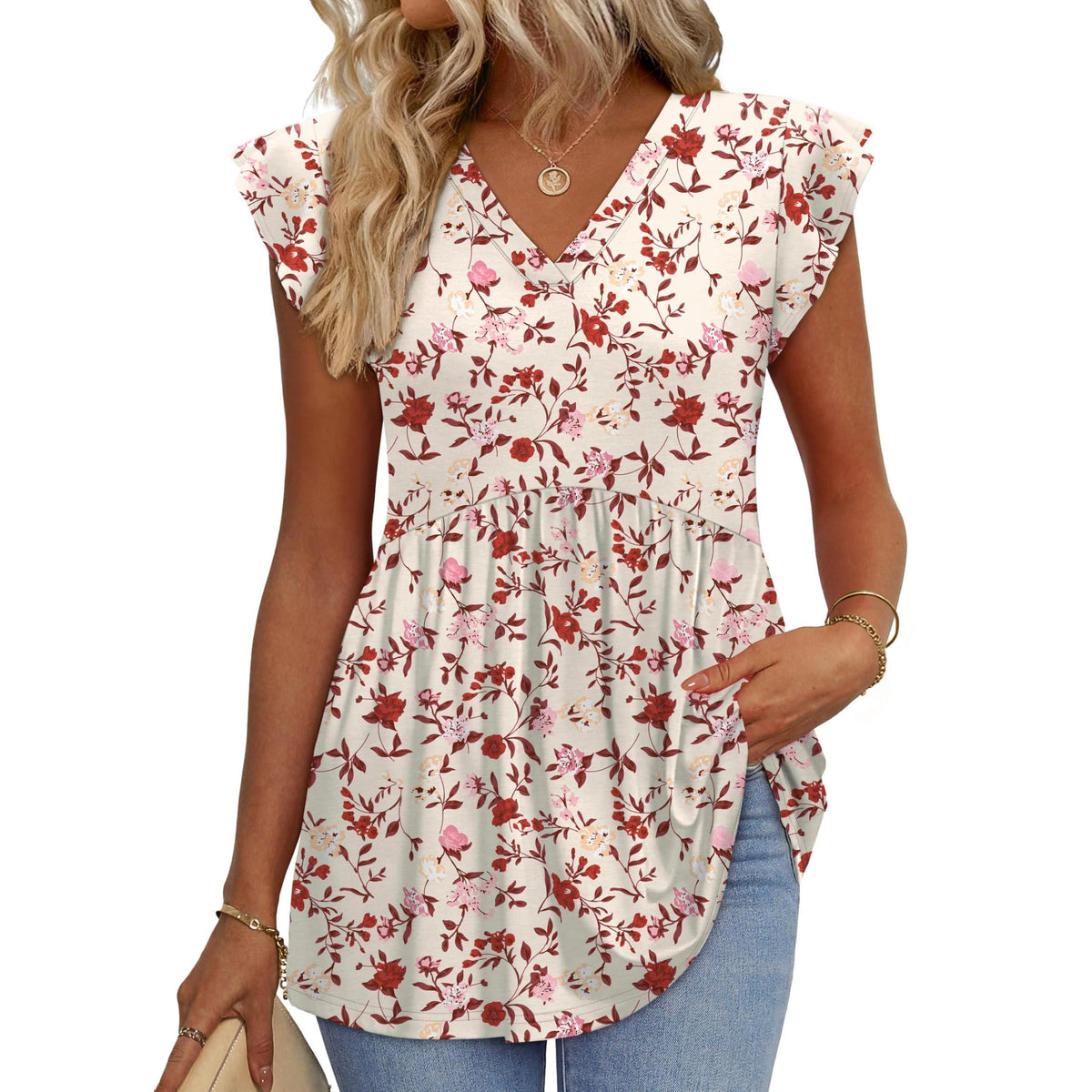 Women's Floral V-Neck Ruffle Sleeve Babydoll Blouse