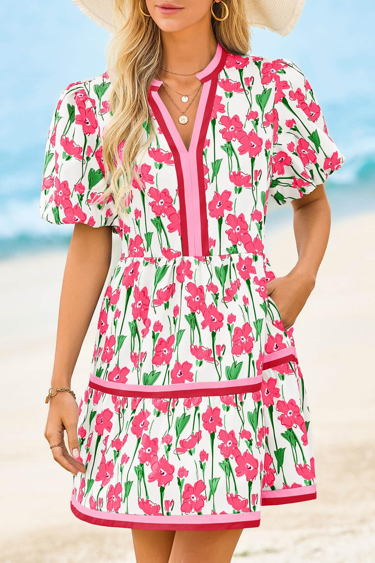 Limited time sale🔥Womens V Neck Floral Mini Dress Short Puff Sleeve Patchwork