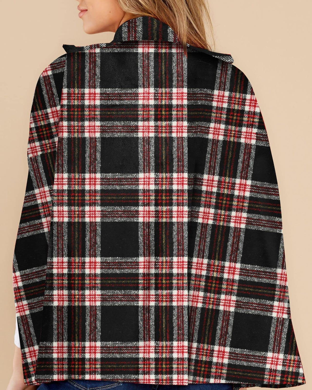 Women's Plaid Double Breasted Winter Cape Turn Down Poncho Coats