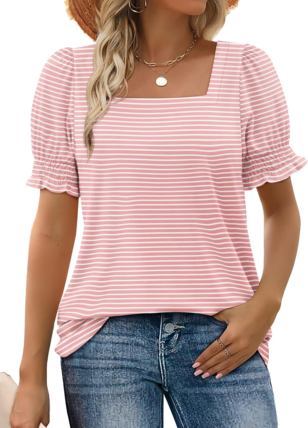 Limited time sale🔥Women's Square Neck Smocked Sleeve T-Shirt Casual Top