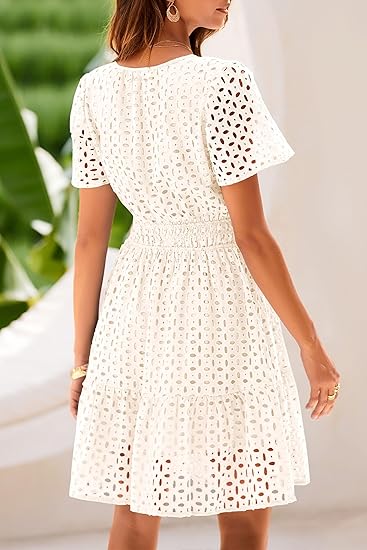 Limited time sale🔥Women's V Neck Short Sleeve A Line Hollow Out Lace Dress