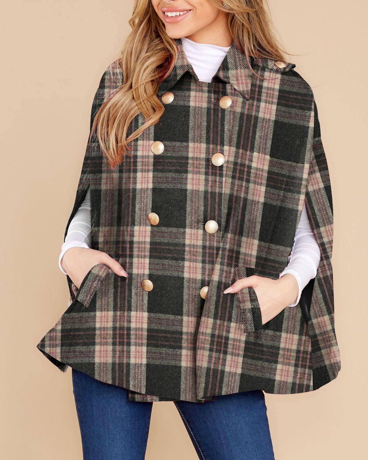 Women's Plaid Double Breasted Winter Cape Turn Down Poncho Coats