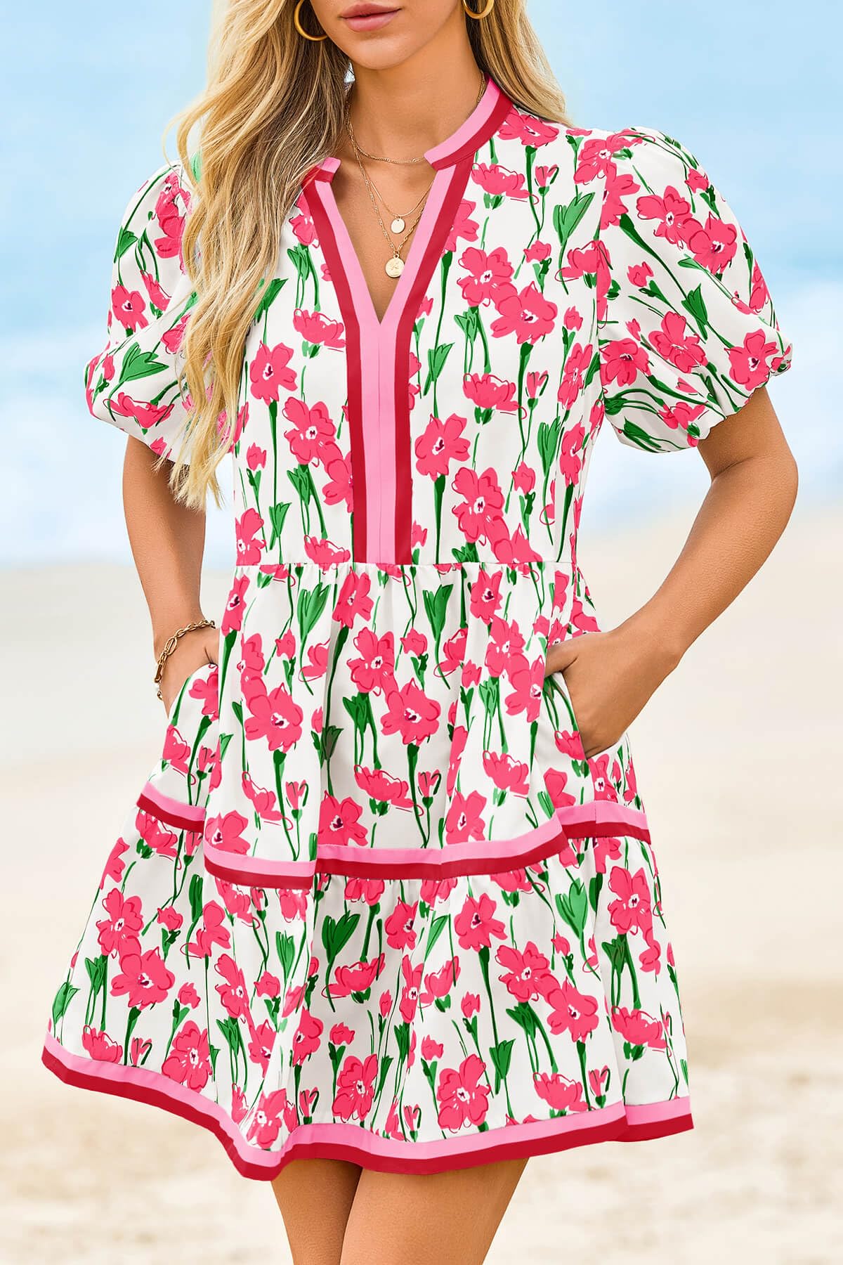Limited time sale🔥Womens V Neck Floral Mini Dress Short Puff Sleeve Patchwork